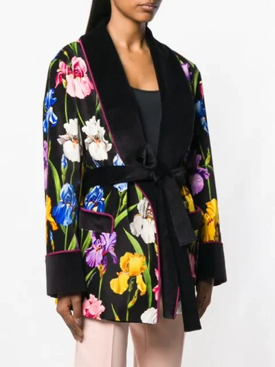 Shop Dolce & Gabbana Peony Print Belted Coat In Black