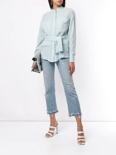 Shop Balmain Belted Blouse In Blue