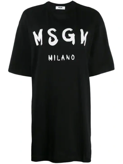 Shop Msgm Printed Logo T-shirt Dress In Black