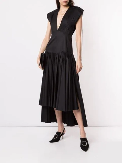 Shop Khaite V Neck Pleated Dress In Black