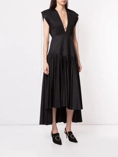 Shop Khaite V Neck Pleated Dress In Black
