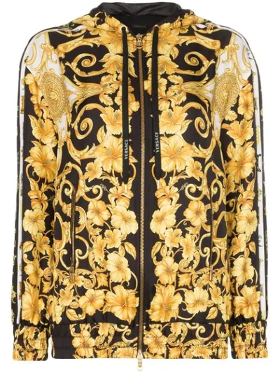Shop Versace Zip Front Baroque Print Hooded Jacket In Yellow