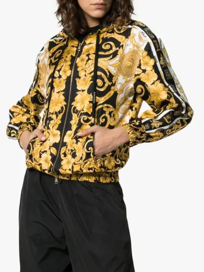 Shop Versace Zip Front Baroque Print Hooded Jacket In Yellow
