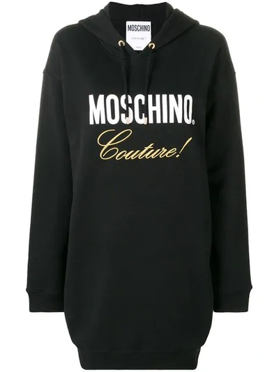 Shop Moschino Logo Hooded Sweatshirt Dress In Black