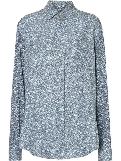 Shop Burberry Monogram Print Silk Shirt In Blue