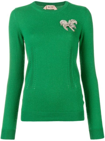 Shop N°21 Nº21 Brooch Embellished Sweater - Green