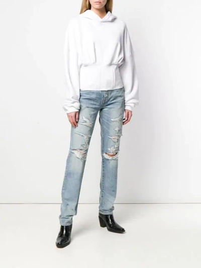 Shop Amiri Cropped Ruched Hoodie In White