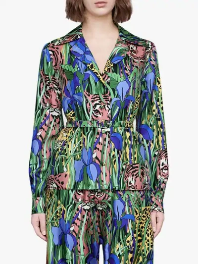 Shop Gucci Silk Shirt With Feline Garden Print In Green