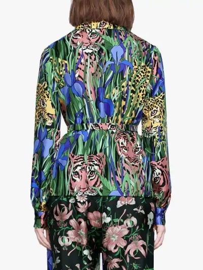 Shop Gucci Silk Shirt With Feline Garden Print In Green