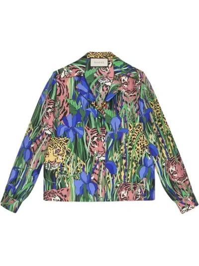 Shop Gucci Silk Shirt With Feline Garden Print In Green