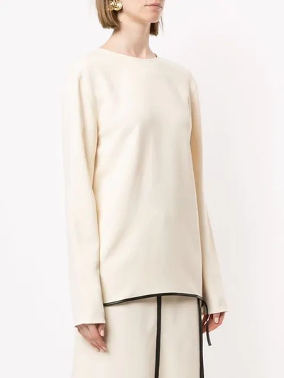 Shop Victoria Beckham Classic Ls Top With Leather Trim In Neutrals