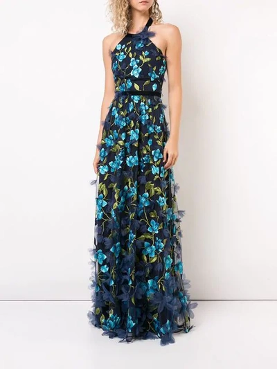 Shop Marchesa Notte 3d Floral Halter Neck Gown In Blue