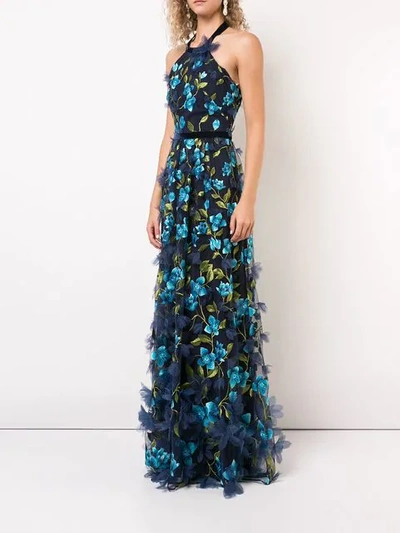 Shop Marchesa Notte 3d Floral Halter Neck Gown In Blue