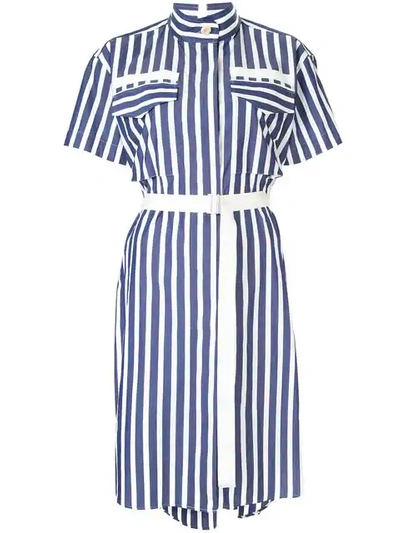 Shop Sacai Striped Belted Shirt Dress In 428 Blue×white Stripe