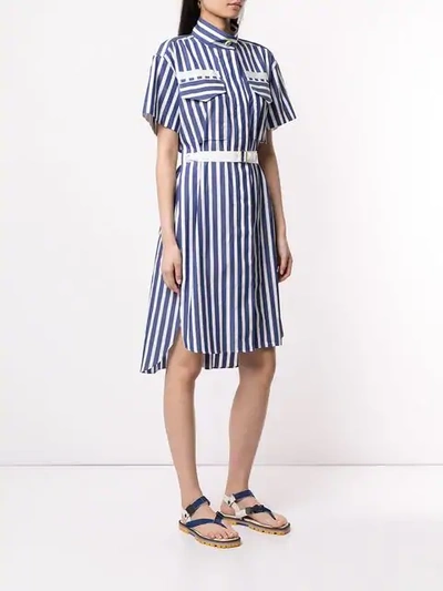 Shop Sacai Striped Belted Shirt Dress In 428 Blue×white Stripe