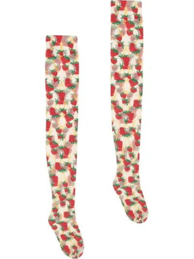 Shop Gucci Tights With  Strawberry And Horsebit Print In 9888 White