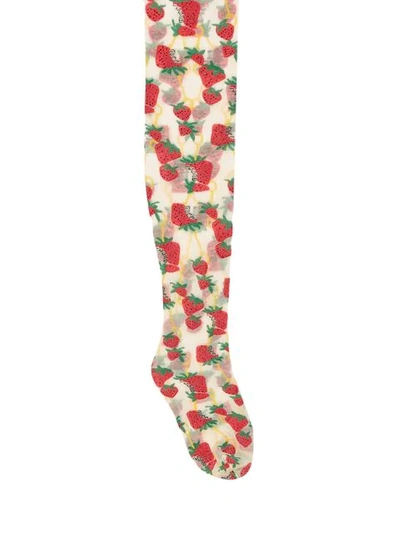 Shop Gucci Tights With  Strawberry And Horsebit Print In 9888 White