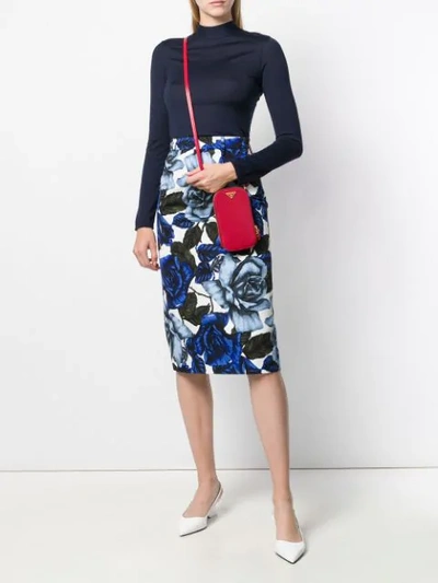 Shop Prada Rose Print Pencil Skirt In Blue