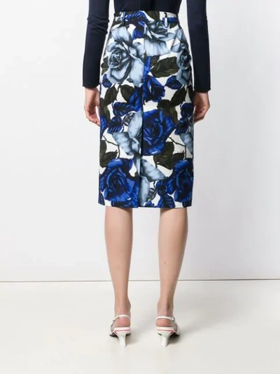 Shop Prada Rose Print Pencil Skirt In Blue