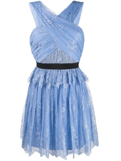 Shop Self-portrait Fine Lace Mini Dress In Blue