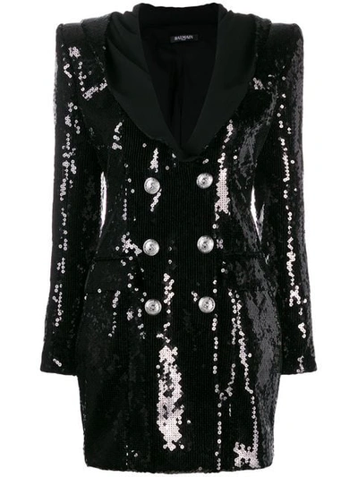 Shop Balmain Buttoned Sequin Dress In Black