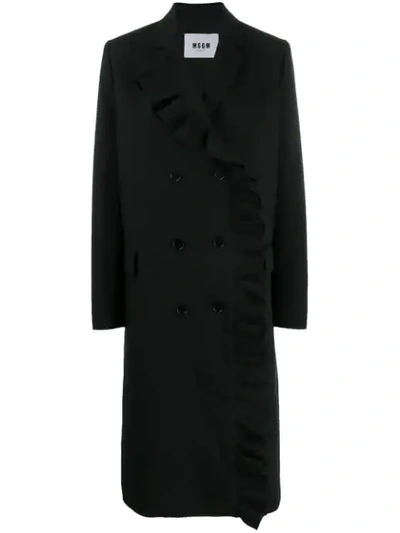 Shop Msgm Double Breasted Ruffle Coat In Black