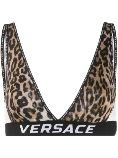 Shop Versace Logo Tape Leopard Bralette In A7008 Nero