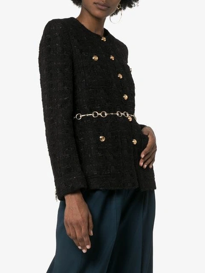 Shop Gucci Tweed Jacket With Horsebit Belt In Black