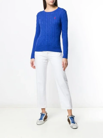 Shop Polo Ralph Lauren Logo Cable Knit Sweater In Blue