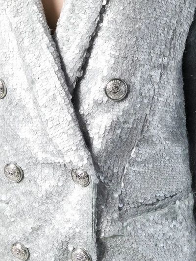 Shop Balmain Double Breasted Sequinned Blazer In Grey