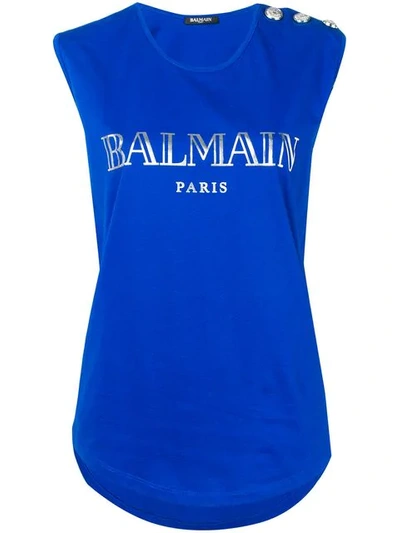 Shop Balmain Logo Print Tank Top In Blue