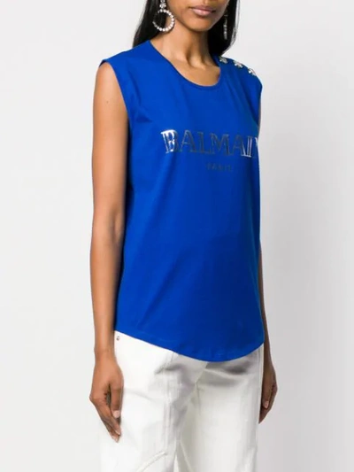 Shop Balmain Logo Print Tank Top In Blue