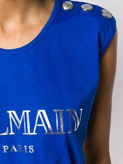 Shop Balmain Logo Print Tank Top In Blue