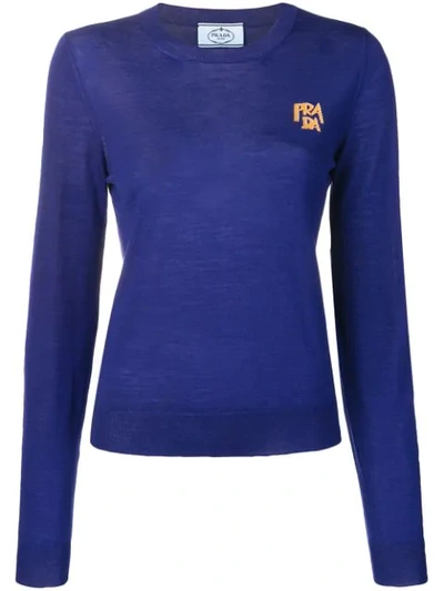 Shop Prada Logo Knit Sweater In Blue