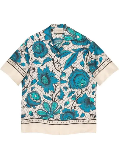 Shop Gucci Bowling Shirt With Watercolor Flowers In White