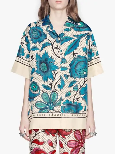 Shop Gucci Bowling Shirt With Watercolor Flowers In White