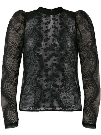 Shop Self-portrait Puff-sleeved Lace Blouse In Black