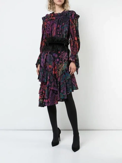 Shop Josie Natori Printed Ruffle Dress In Black