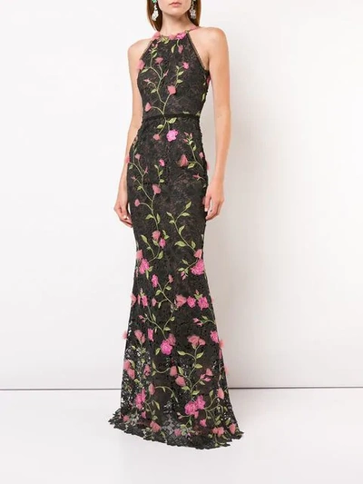Shop Marchesa Notte Lace Fitted Long Dress In Black