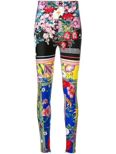 Shop Versace Floral Print Leggings In Black