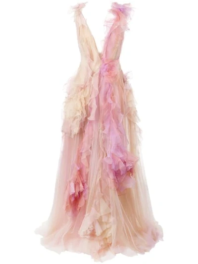Shop Marchesa Frill Tulle Sleeveless Gown In Multicolour