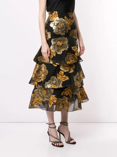 Shop Bambah Embroidered Roses Ruffle Skirt In Black
