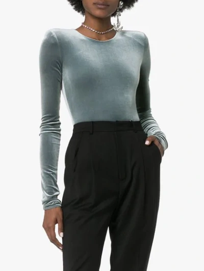 Shop Alexandre Vauthier Velvet Padded Shoulder Bodysuit In Grey