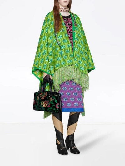 Shop Gucci Jacquard Poncho With Gg Striped Pattern In Green