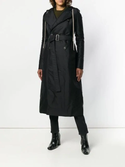 Shop Rick Owens Drawstring Hooded Trench Coat - Black