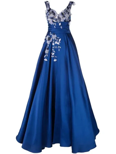 Shop Marchesa Beaded Floral Flared Gown In Blue