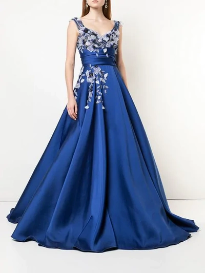 Shop Marchesa Beaded Floral Flared Gown In Blue