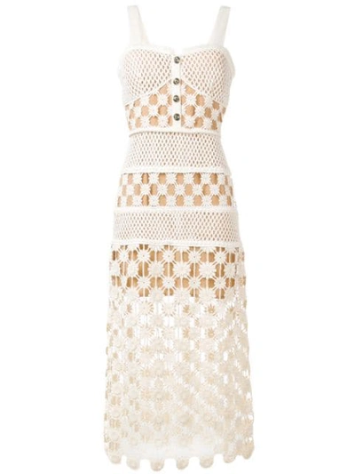 Shop Self-portrait Crochet Midi Dress In Neutrals