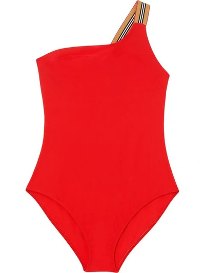 Shop Burberry Icon Stripe Detail Swimsuit In Red