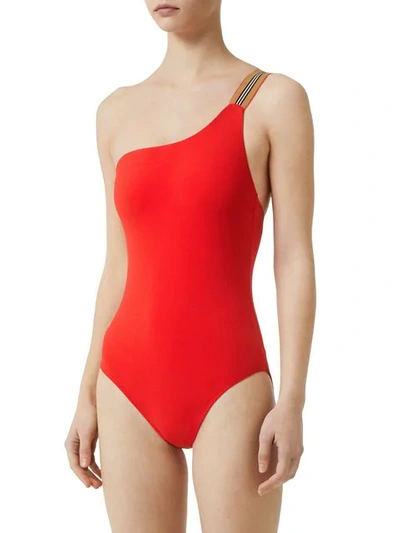 Shop Burberry Icon Stripe Detail Swimsuit In Red